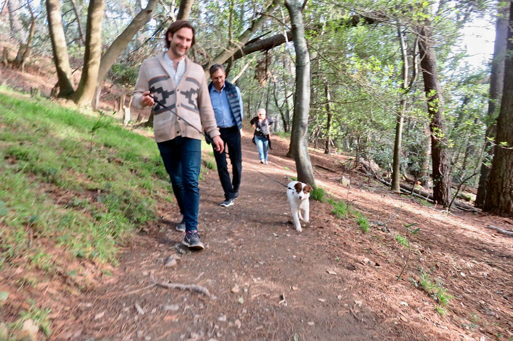 family hiking on trail