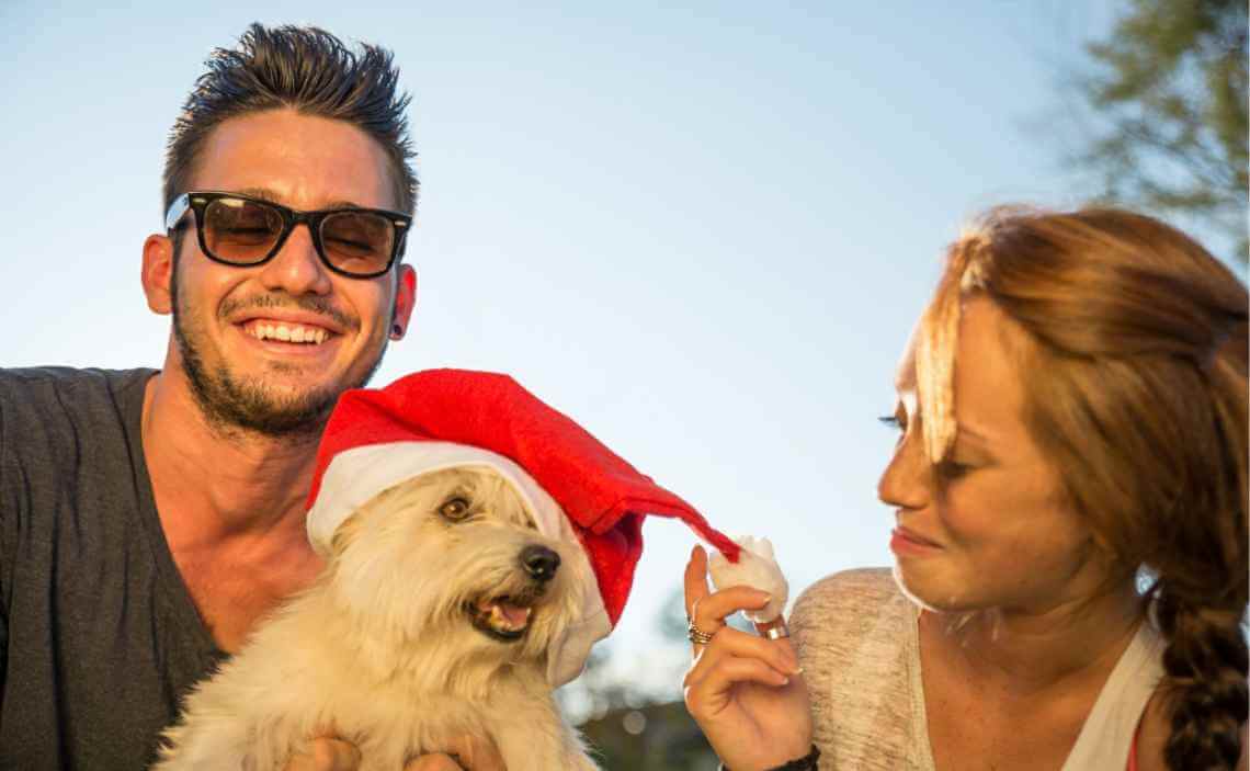 happy couple with dog christmas hat cropped