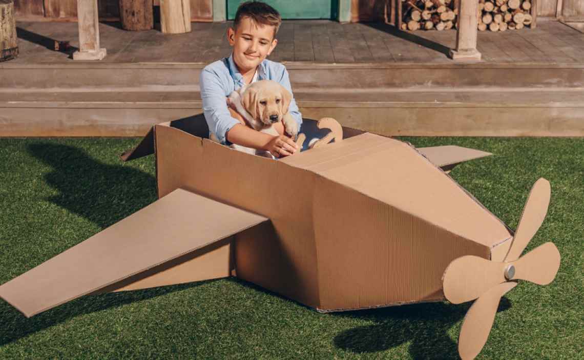 boy in pretend airplane with dog