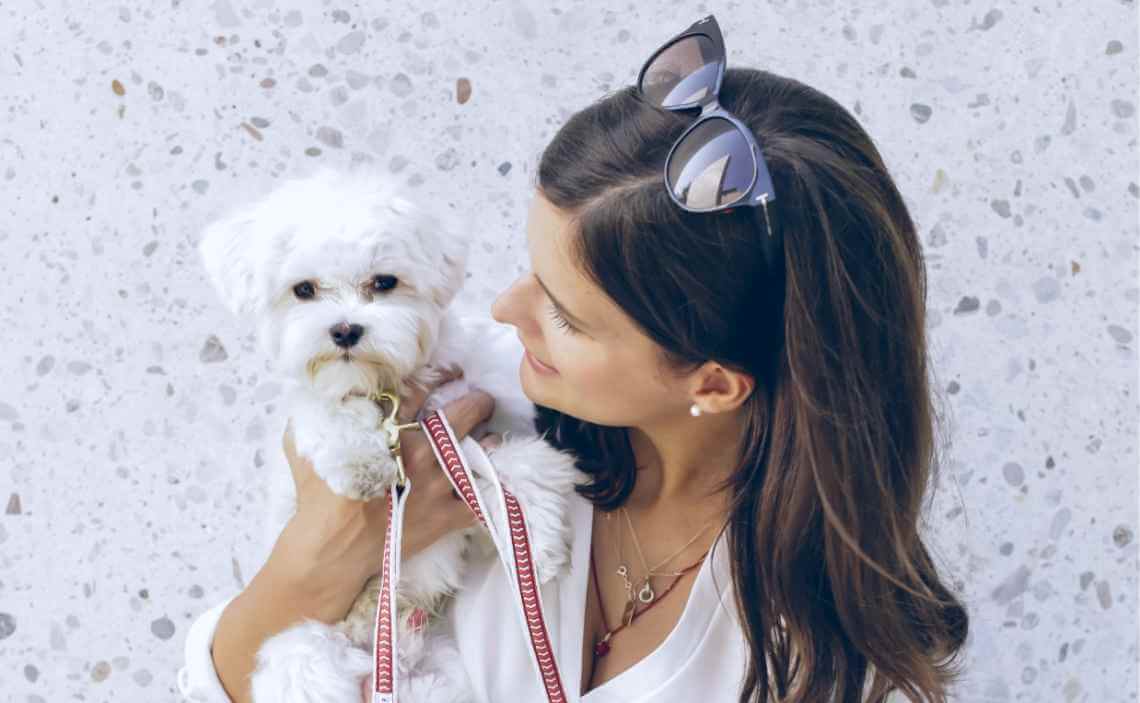 WOMAN HOLDING COCKAPOO DOG SHOPPING