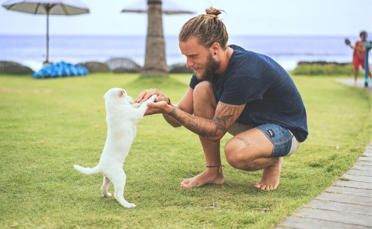 man playing with white puppy at beach foster dog