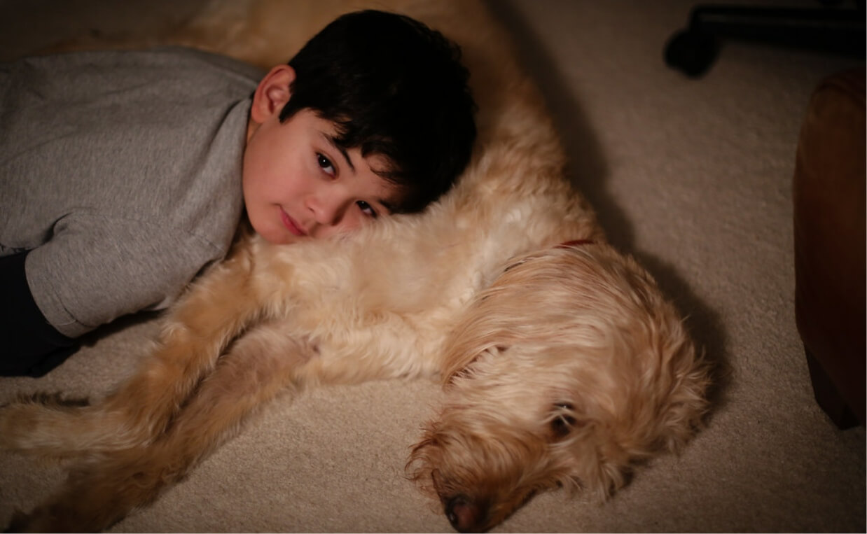 boy laying down with poodle dog