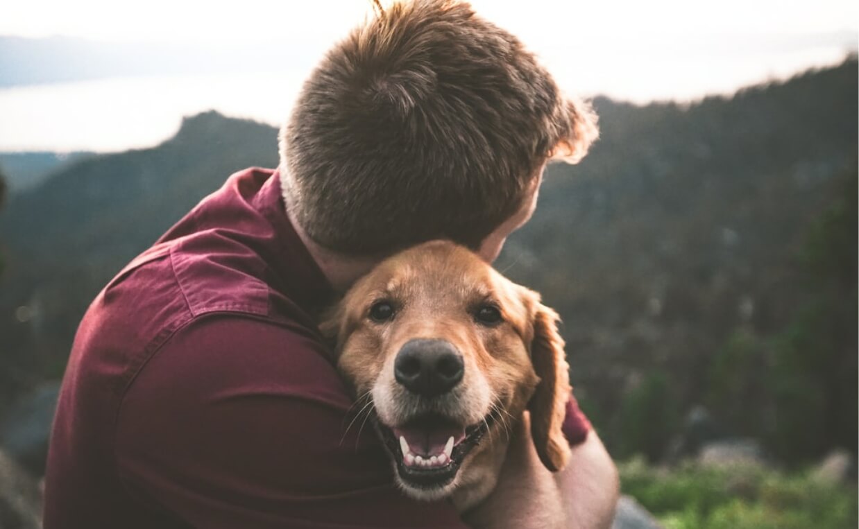 man hugging senior golden retreiver with mountains in background