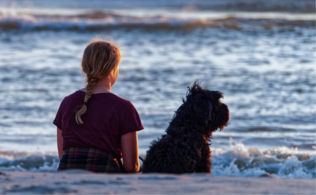 woman and dog at beach at sunset