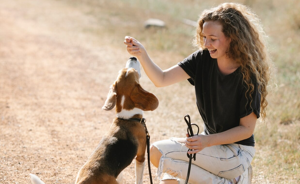 IGNORES COMMANDS OUTSIDE woman feeding dog treats outside