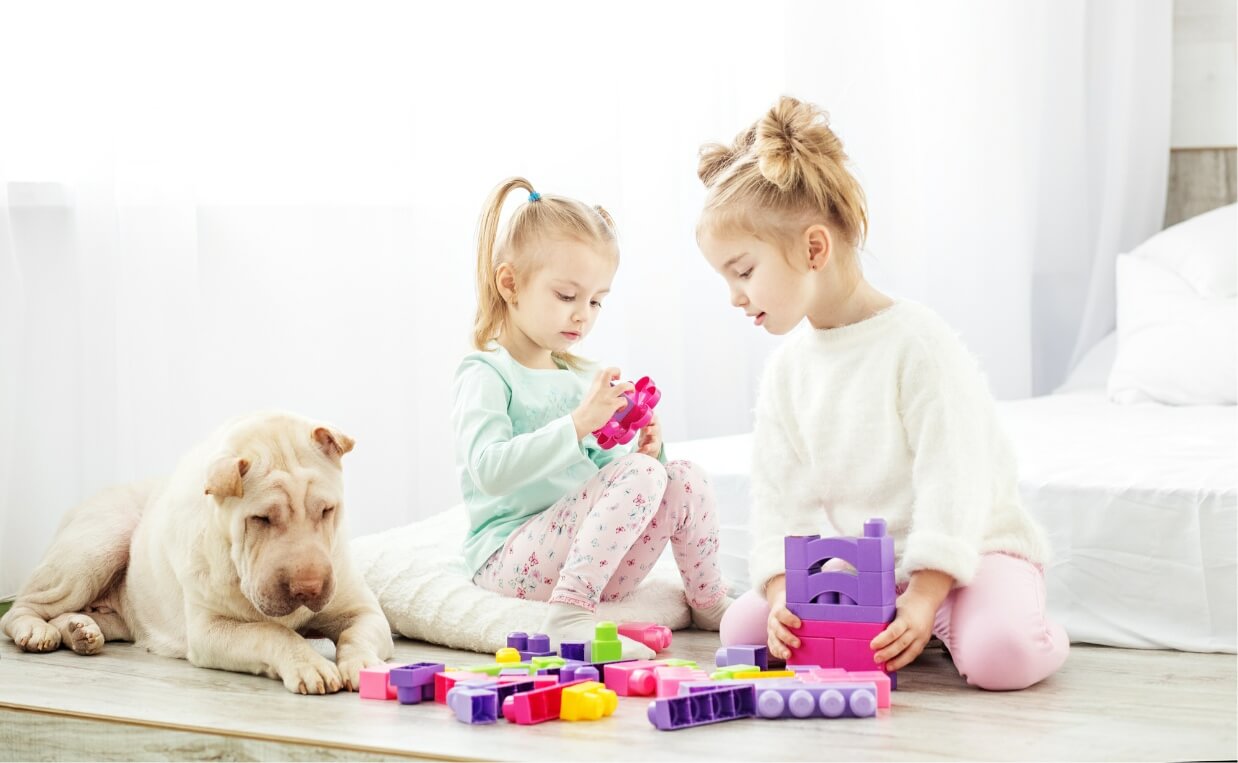 dog with children and child toys