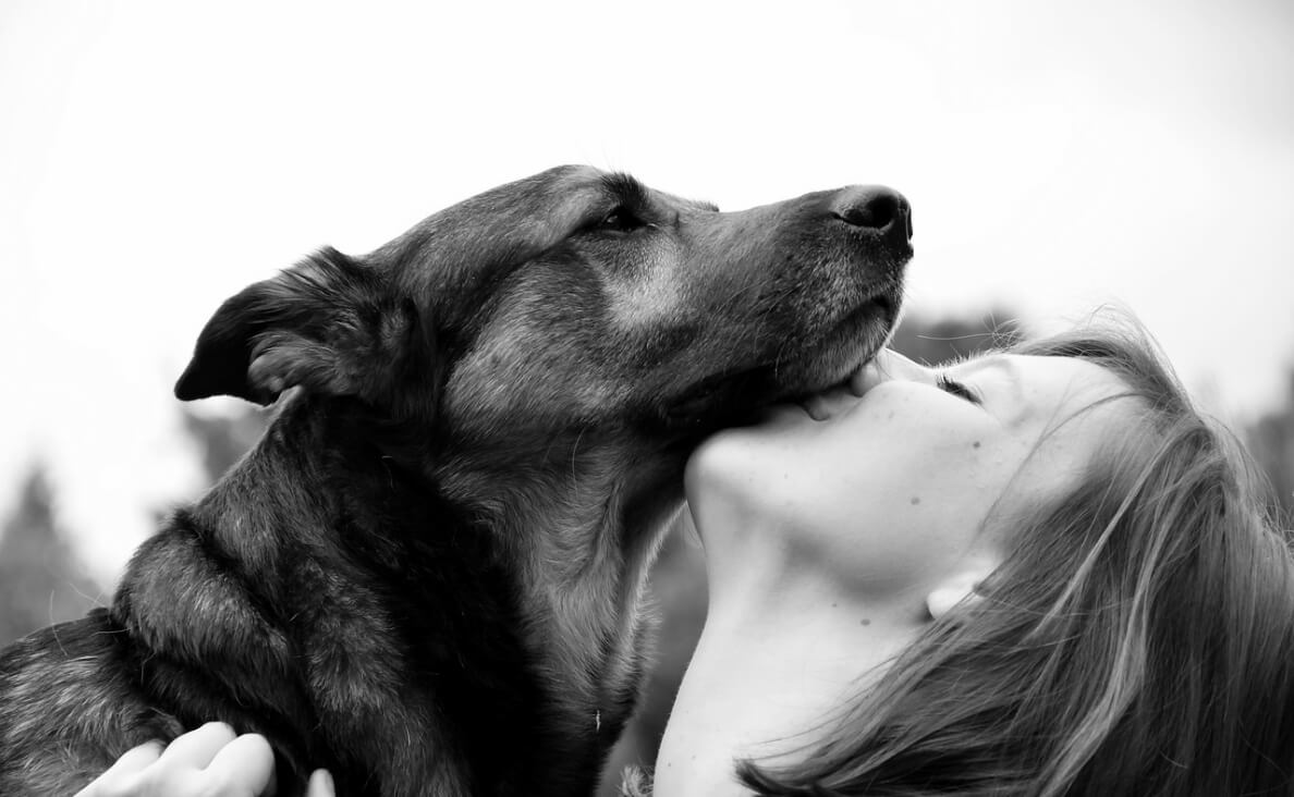 FACTS ABOUT DOGS - WOMAN KISSING DOG BLACK AND WHITE