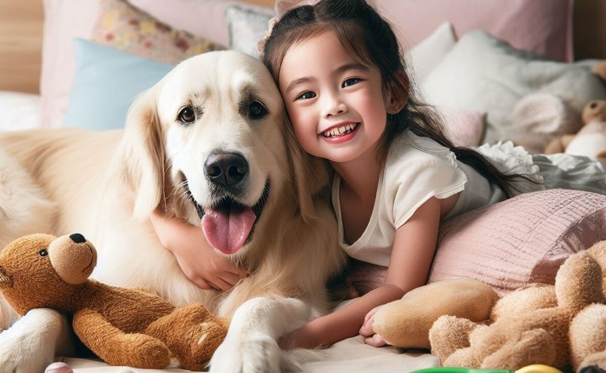 LITTLE GIRL WITH GOLDEN RETRIEVER ON BED WITH TOYS