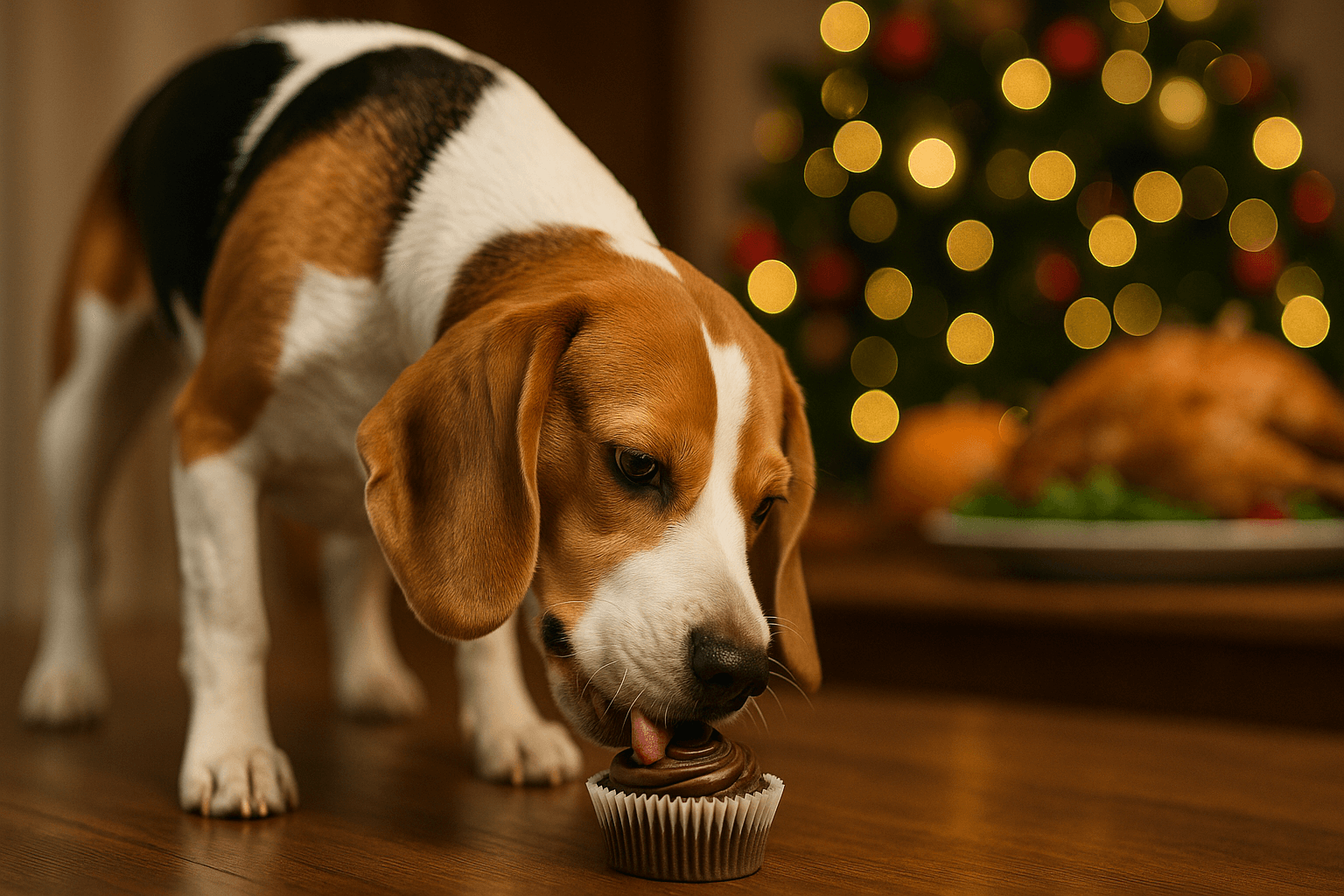 Dog Eats Chocolate Cupcake at Christmas