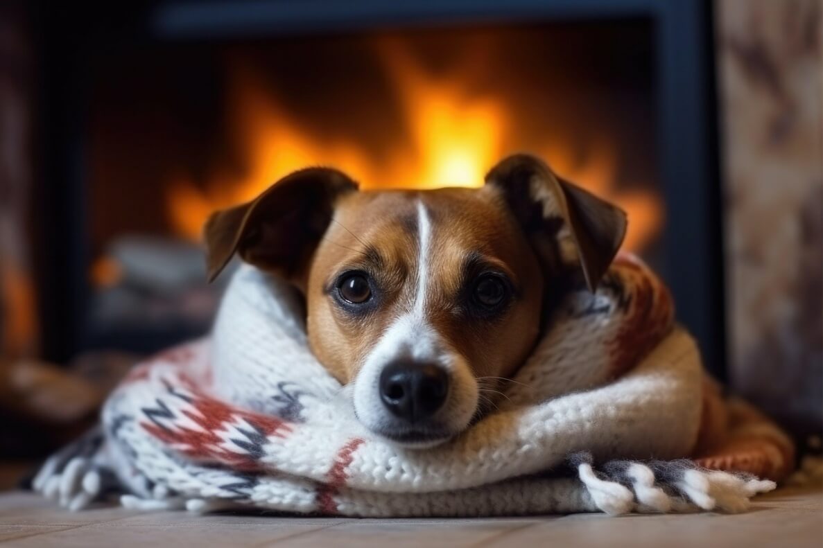 keep your dog warm without power - beagle wrapped in a knitted blanket in front of a fire